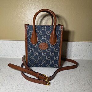 GUCCI Mini Tote Bag with Interlocking G - GG Supreme Denim Canvas Print